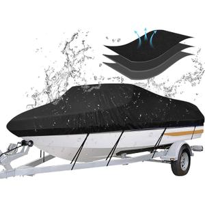 iCOVER Trailerable Boat Cover- 17'-19' Heavy Duty Waterproof Tarp Covers with Storage Bag, Fits V-Hull, Fish&Ski, Pro-Style, Fishing, Runabout, Bass Boats, up to 17ft-19ft Long X 96" Wide (Black)