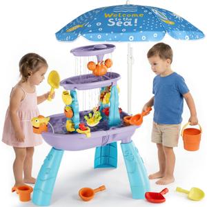 3-Tier Outdoor Water Sand Play Table Beach Toys, Summer Splash Activity Sensory Table Party Birthday Gift for Kids 3 4 5 6 7(Purple)