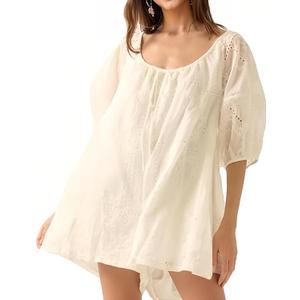 Women's Summer Cotton Boho Romper Loose Puff Half Sleeve Front Drawstring Bow Bohemian Casual Mini Jumpsuit(White-XS)