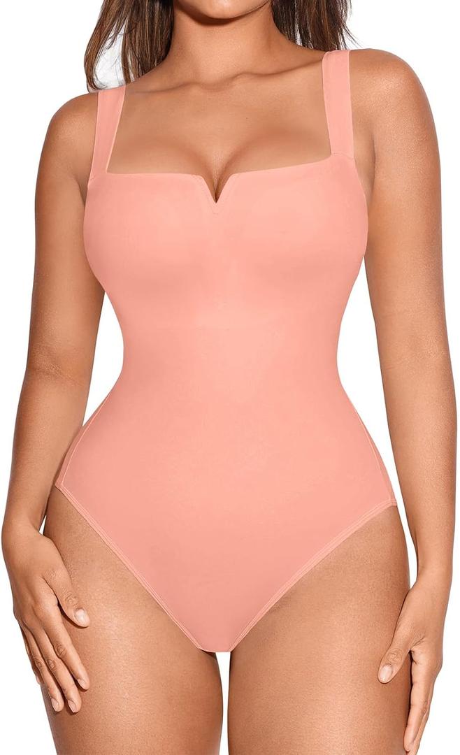 FeelinGirl Square Neck Shapewear Bodysuit for Women Sleeveless Tummy Control Slimming Bodysuit Going Out Tank Tops (Small, Pale Pink)