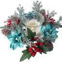 Christmas Candle Ring Wreaths Poinsettia Berries Pinecones Candle Ring Holder for Christmas Table Centerpiece Window Chair Wall Dcor (Light Blue)