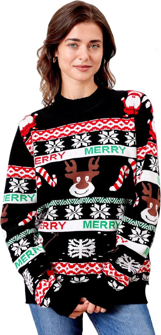 dressfan Unisex Funny Christmas Sweaters Xmas Family Matching Sweater Knit Pullover Crew Neck Long Sleeve for Women & Men (Medium, Black Red-santa Claus)