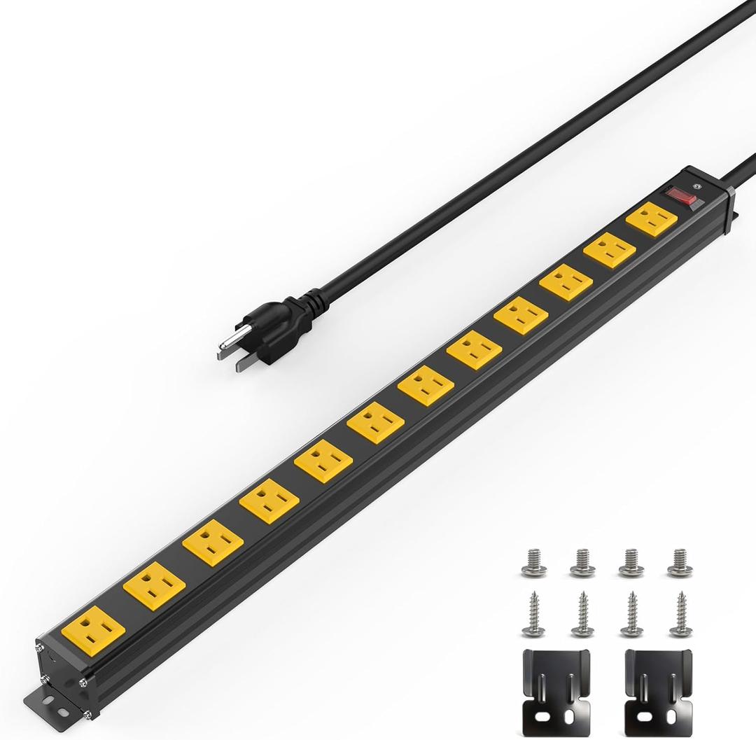 12 Outlet Wall Mount Power Strip, 1.97 Inch Wide Outlet Spacing Aluminum Alloy, 6FT 14AWG Heavy Duty Cord with Switch, 15A 1875W ETL Listed for Garage, Workbench, Multimedia Classroom