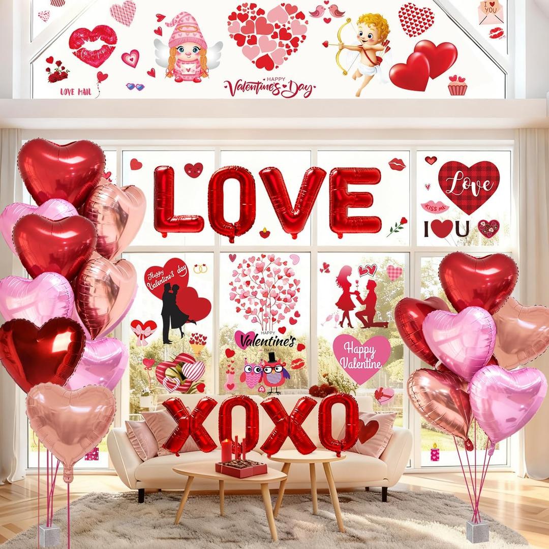 WOHOHOHO 181Pcs Valentines Day Window Clings Decorations, 10 Sheets Valentine's Day Window Stickers, LOVE & XOXO Banner, 12Pcs Heart-Shaped Balloons. Happy Valentine's Romantic Gifts for Home Office