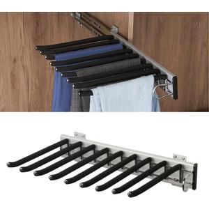 Pull Out Trousers Rack 9 Arms Retractable Closet Pants Hanger Side Mounted Space Saving Trouser Hanger Rack, Right Side Installation, Black