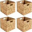 12 Inch Storage Basket Set, 4-Pack Water Hyacinth Woven Baskets, Foldable Cube Storage Bins for Home Organization, Storage Cube Organizers