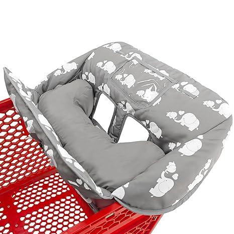 Love&go Soft Pillow Attached 2-in-1 Shopping Cart and High Chair Cover for Baby, Cotton Padded Cart Cover, Fold'n Roll Style, Portable with Carry Bag (Gray Elephant)