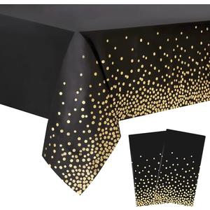 2 Packaging Black and Gold Plastic Tablecloth, 54 inch x108 inch Rectangular Disposable dot Party Table Cover, Suitable for Birthday, Graduation, Restaurant, Wedding Decoration Tablecloth