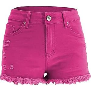 Womens Red Pink Denim Shorts Super Comfy Hot Shorts Summer High Waisted Fringe Jean Short, Size Medium