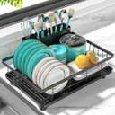 MERRYBOX Dish Drying Rack Space-Saving Dish Racks for Kitchen Counter, Rustproof Drying Rack Kitchen with Large Utensil Holder and Increased Feet, 16.5" D x 11.4" W x 5.65" H, Black