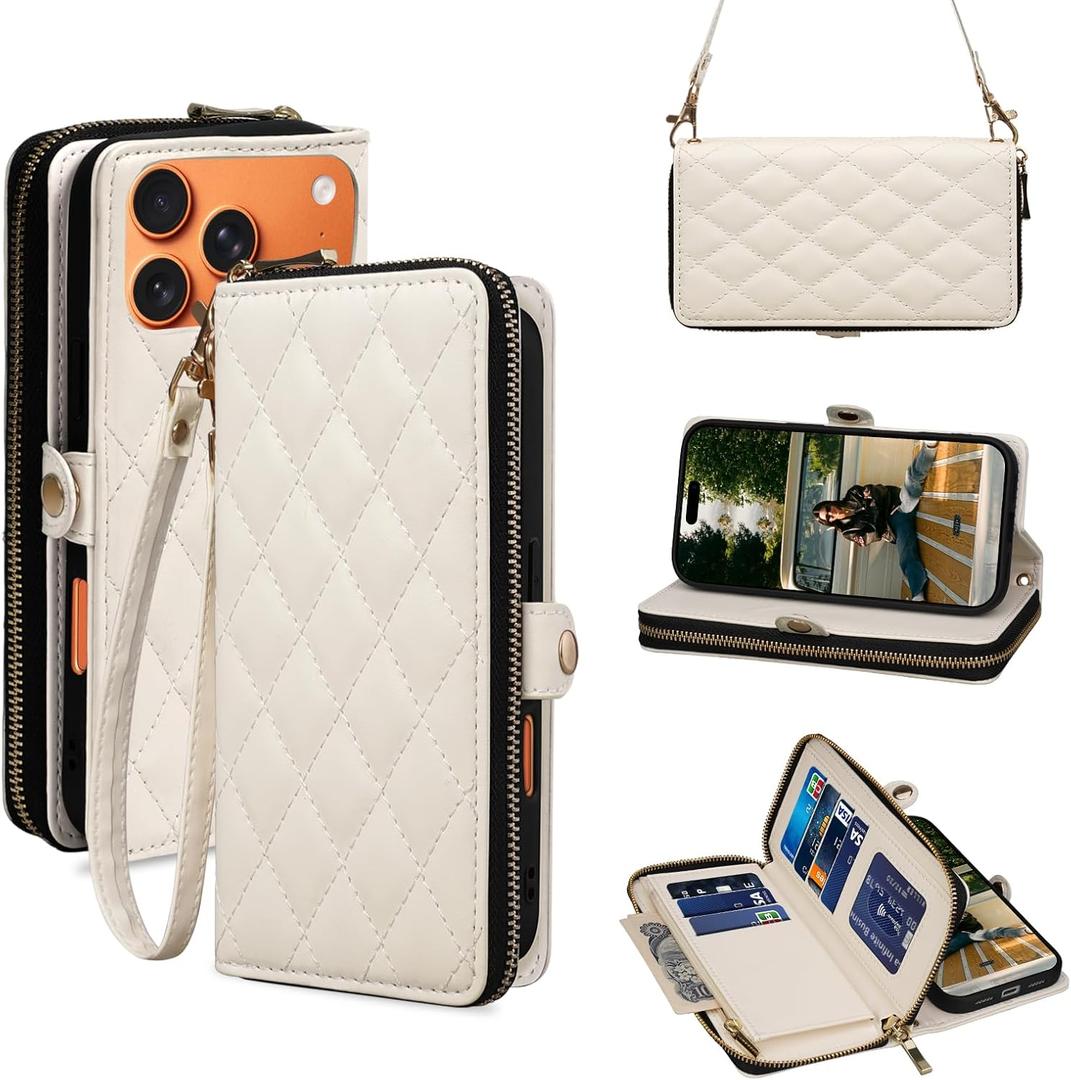 Rssviss Crossbody Case for iPhone 17 Pro Max Case Wallet, RFID Blocking Leather with Card Holder Kickstand, Handbag Zipper Flip Cover with Wrist Strap for iPhone 17 Pro Max Men Women 6.9", White