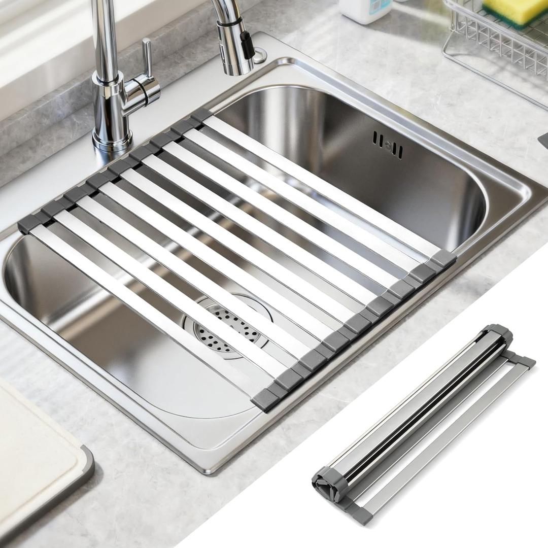 16.5" X 13" Roll Up Dish Drying RackOver The Sink Drying Rack 304 Stainless Steel Foldable Heat-Resistant Dishes Drainer for Kitchen and RV Sink Counter