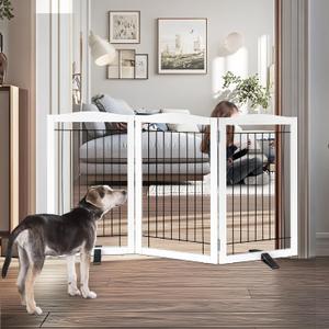 Freestanding Dog Fence Indoor Foldable Long Dog Gate for Doorways Stairs or Hallways Extra Wide Wood Pet Gate, White Puppy Gate, Gate for Dogs, Cedar,32 "Height-3 Panels