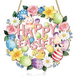 Easter Wood Door Hanging Sign with Happy Easter Bunny Egg Wreath Decoration Spring Wall Hanging Decor for Farmhouse Party Supplies & Easter Gifts