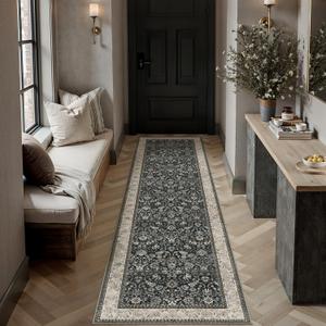 HUGEAR 2x6 Runner Rug Machine Washable Black Beige Hallway Area Rugs Indoor Accent Rugs Floral Low Pile Carpet Distressed Throw Rugs Bedroom Living Room Office Dining Kitchen Laundry Non Slip