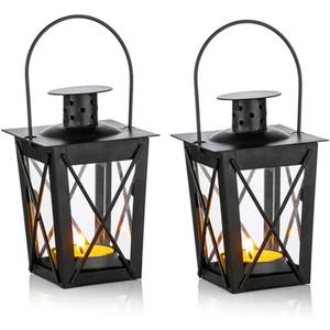 2 Pcs Tealight Lanterns Hanging Candle Holder, Metal Mini Decorative Led Tea Light Candleholder Decoration for Birthday Parties Wedding Centerpiece Relaxing Spa Setting (Black, 2 Pcs)