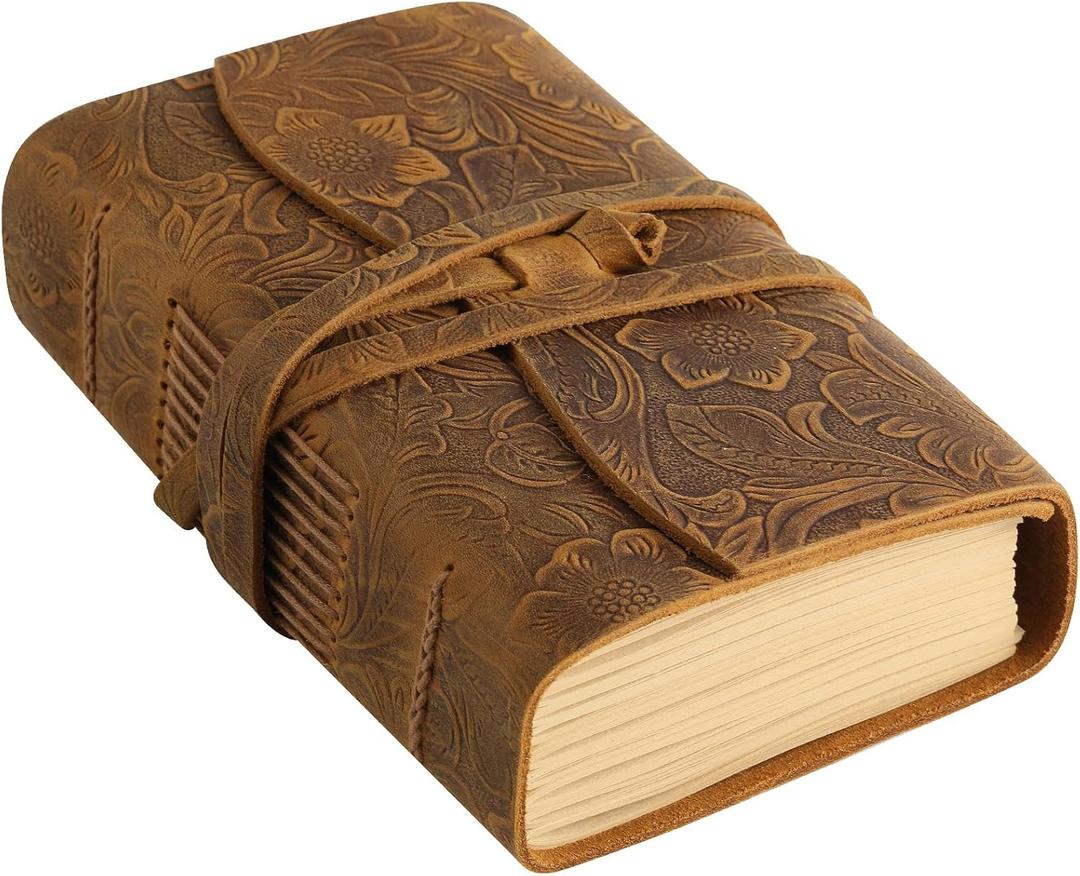 Ringsun Leather Journal Writing Notebook for Women Men Unlined Paper 400 Kraft Pages, 8 X 6 inches, Vintage Journal Leather Bound Daily Notepad, Brown,Carving (6"x8", Brown 2-Unlined)