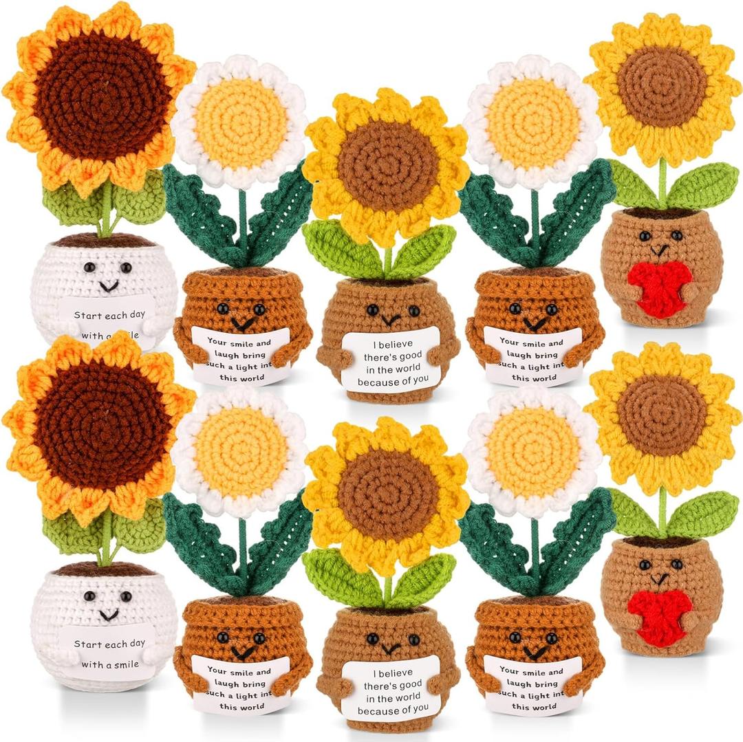 10 Pcs Sunflower Crochet Bulk Appreciation Gift Positive Artificial Knitted Crochet Doll Inspirational Thank You Gift for Teacher Coworker Employee Women Christmas Table Office Desk