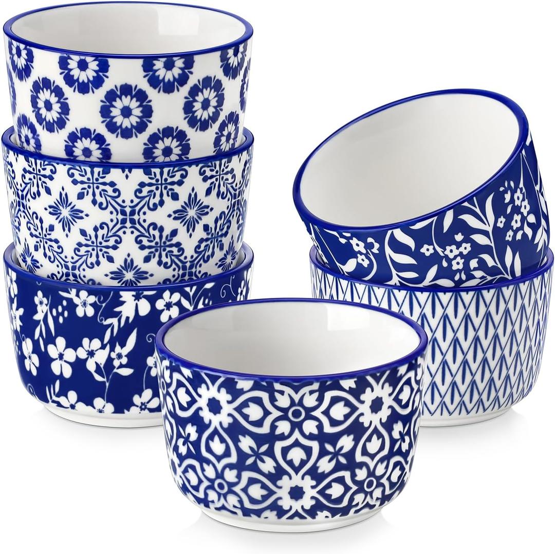 vancasso Selene 4 oz Mini Ceramic Ramekins Set of 6, Oven-Safe Baking Cups for Crme Brle, Souffls, Desserts, Handcrafted Blue and White Patterns