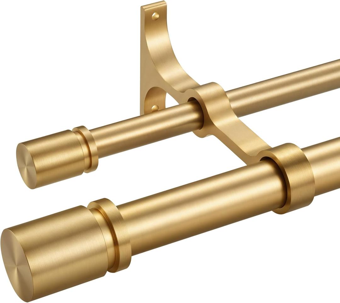 Double Curtain Rod 36 to 72 Inch,1 Inch Heavy Duty Curtain Rods for Windows with Solid Aluminum Cylindrical Finials and Bracket,1 Front and 5/8 Back Telescoping Double Drapery Rod,Warm Gold