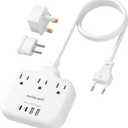 European Travel Plug Adapter, US to European Plug Adapter with 3 American Outlets & 4 USB, 3ft European Power Cord, International Travel Power Strip, Type C for Europe EU Germany France, Travel, White