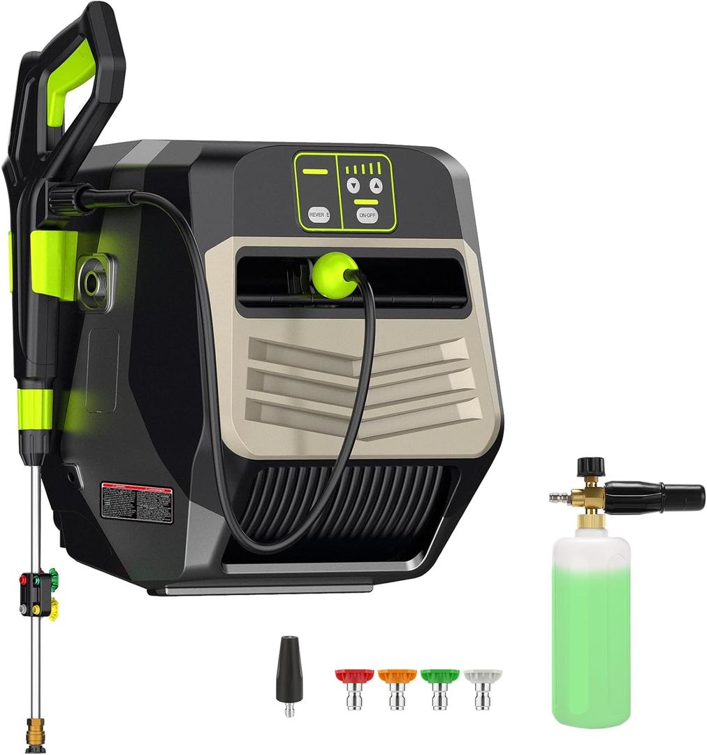 Pressure Washer 5500 PSI 3.6 GPM Electric Wall Mounted Power Washer with 66ft Retractable Pressure Hose, 5 Nozzles and 1L Foam Cannon, Powerwashers for Home, Car, Hose Reel, Light Silver