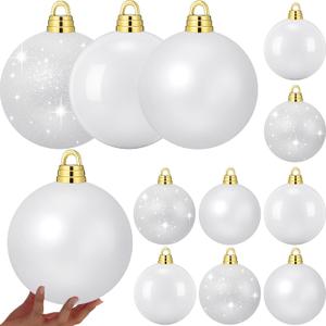 Weysat 12 Pcs 8" Extra Large White Christmas Ball Ornaments Oversized Shatterproof Fillable Xmas Baubles with Shiny, Matte & Glitter Finishes for Outdoor Yard Tree & DIY Wedding Decor