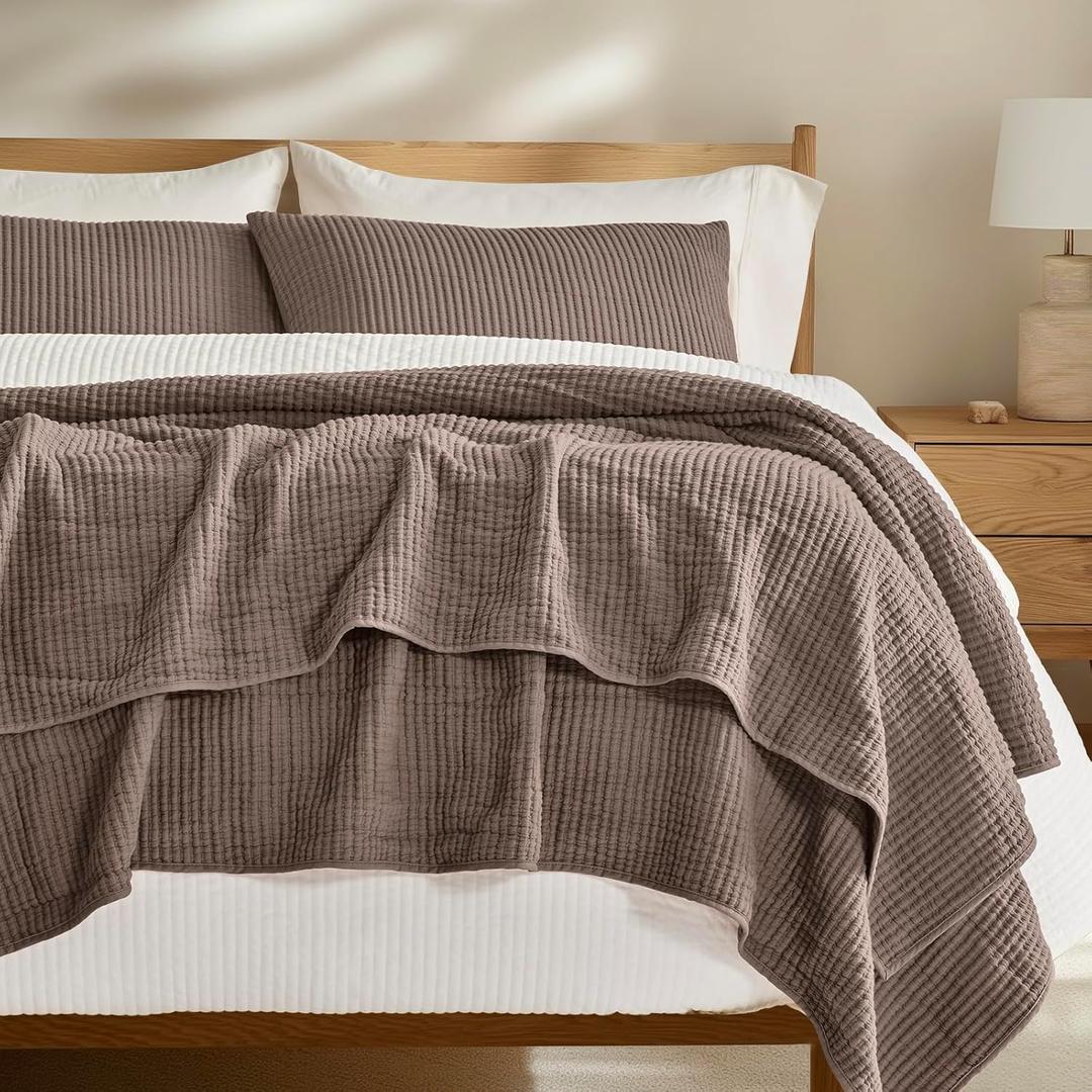 Cotton Coverlet Set Full Queen Size 3 Pieces, Lightweight Soft Ribbed Matelass Bedspread Quilt Set, Cozy Oversized Quilted Bedding Set with 2 Pillow Shams for All Seasons, Mocha Brown