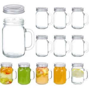 8oz Mason Jar Mug with Handle and Golden Lids,Set of 12 Old Fashioned Drinking Glass for Beverages, Decoration, Storage, Party Favors, Cocktails, Floats, Centerpieces and more