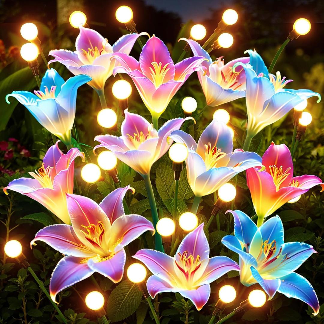 WdtPro Solar Garden Lights with Swaying Lily Flowers 4 Pack, Color Changing Solar Lights Outdoor Waterproof for Outside Yard Patio Garden Cemetery Decoration,Gifts