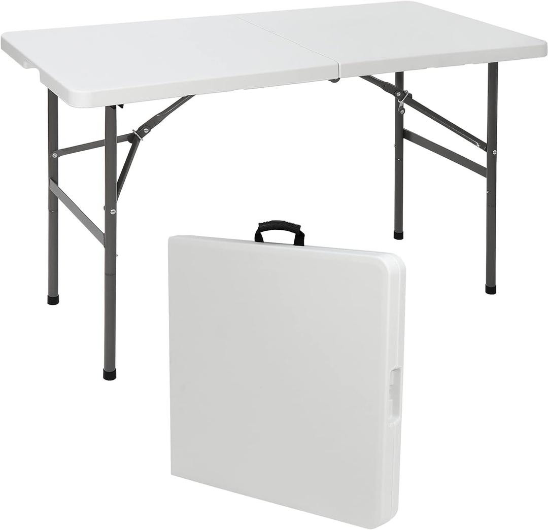 SIMPLI-MAGIC 4ft Plastic Folding Table, Indoor Outdoor Heavy Duty Portable/Handle, Lock for Picnic, Party, Camping - White
