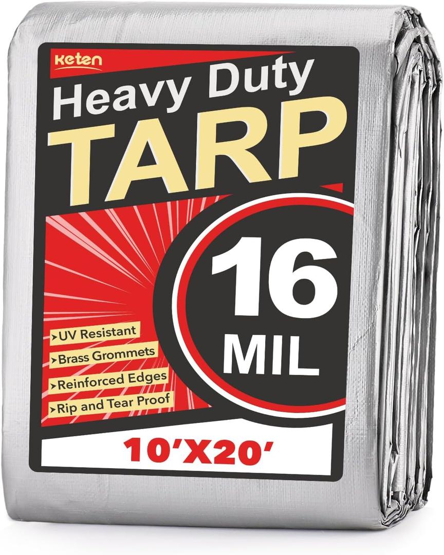 Keten Tarps Heavy Duty Waterproof 10X20 Feet, Extra Thick 16 Mil, Tear & Fade Resistant, 100% UV Blocking, Outdoor Tarp with Reinforced Grommets for Roof, Camping, Patio, Pool, Boat(Silver/ Black)