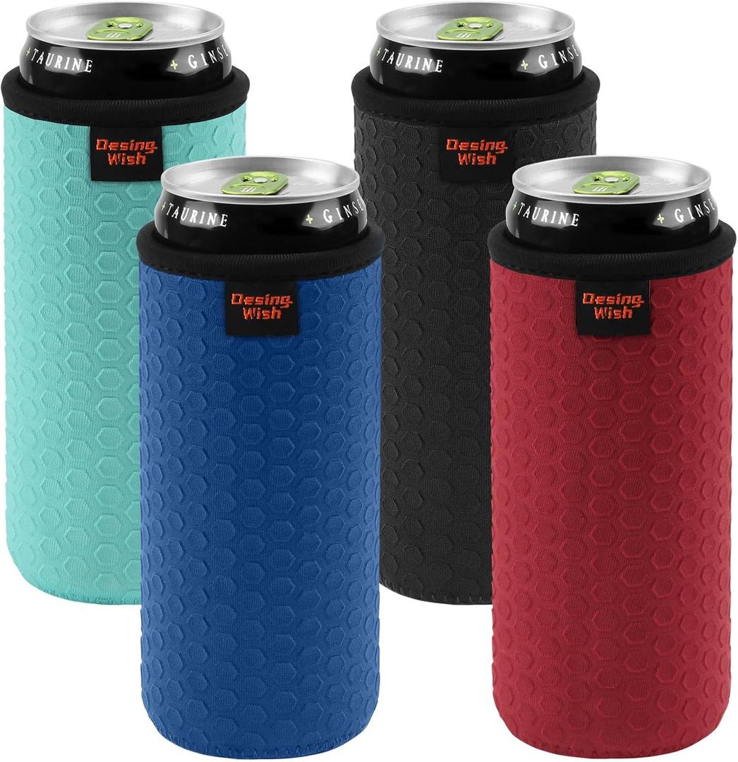 Desing Wish 4 Pack 12oz Slim Can Cooler Sleeves Honeycomb Embossing Insulated Neoprene Slim Soda Cans Sleeve Holders - Black/Red/Blue/Cyan
