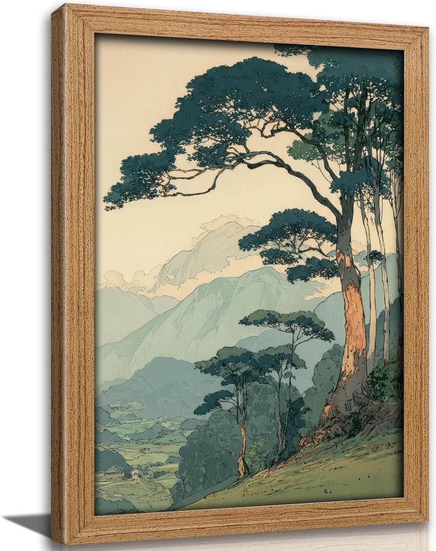 Framed Japanese Style Mountain Landscape Canvas Wall Art, Vintage Tree Scenery Print, Retro Woodblock Inspired Nature Painting for Bedroom Living Room Office Home Decoration, 24"L x 16"W