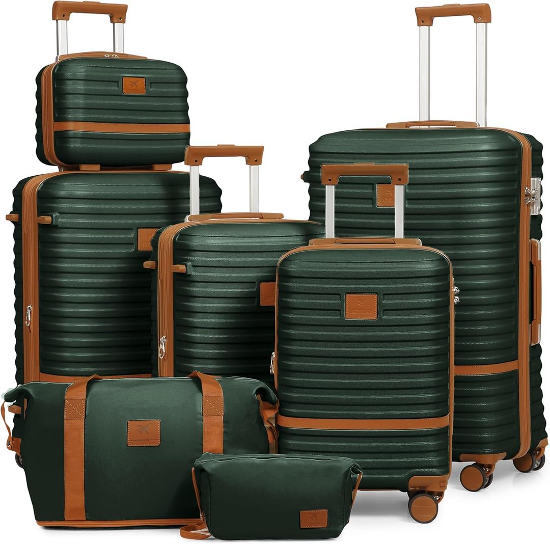 Joyway Luggage Set 7 Piece Suitcase Sets with Spinner Wheel,Hardside Expandable Travel Laggage with TSA Lock(18/20/24/28 Green) (Green brown-New)