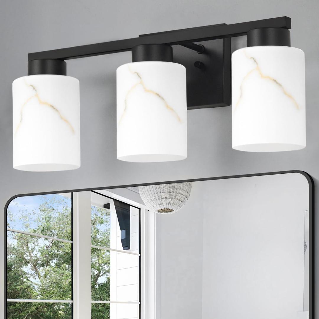 3-Light Bathroom Light Fixtures, Modern Vanity Lights, Black Metal Wall Lamp with Handcrafted Art Glass for Bathroom, Mirror, Living Room, Bedroom, Cabinet, Porch, Hallway, E26 Base