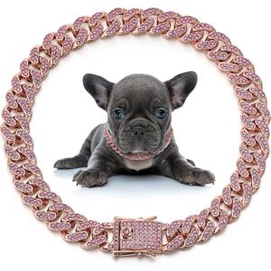 LEIFIDE Dog Chain Collar Diamond Link Puppy Collar 12 mm Wide Dog Necklace Metal Cat Chain Pet Crystal Necklace Jewelry Accessories for Small Medium Large Pet(16 Inch,Rose Gold, Pink)