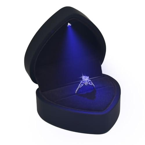 Eveynsh Luxury LED Lighted Engagement Ring Box - Heart Shaped Elegant Black Ring Case for Wedding Rings, Perfect for Proposal, Anniversary, Ceremony, and Gift Giving