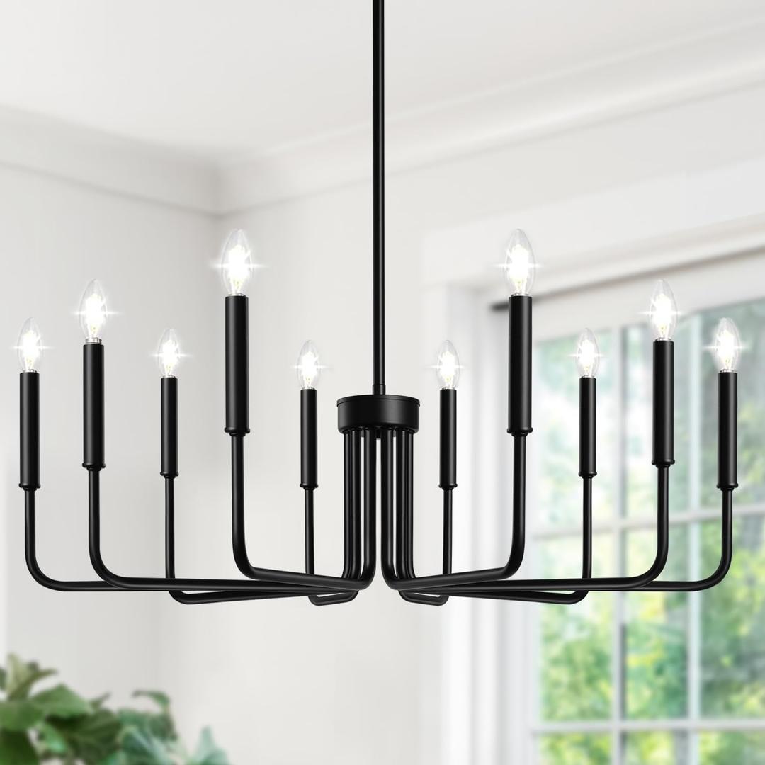 Lynnoland Black 10-Light Chandelier, Farmhouse Chandeliers for Dining Room Lighting Fixtures Hanging, Vintage Candle Pendant Light Fixtures Chandelier for Bedroom, Foyer and Living Room