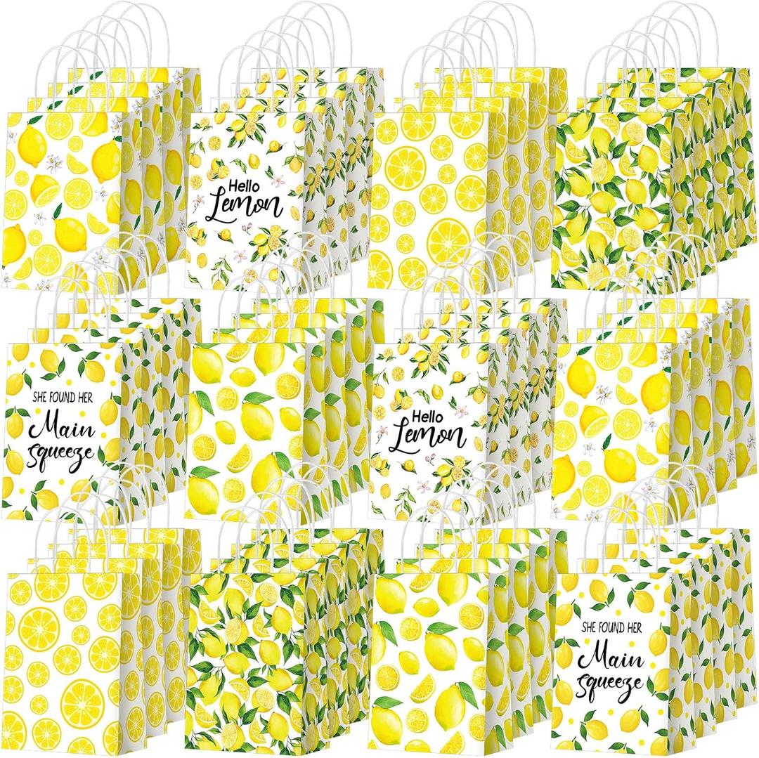Yeaqee 48 Pcs Lemon Gift Bags Small Yellow Lemon Party Favor Bags Summer Fruit Paper Goodie Bag with Handle Treat Candy Bag for Baby Shower Wedding Birthday Summer Party, 5.91 x 3.15 x 8.27 Inch