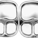Korean Stainless Steel Divided Plates, Kids Toddlers Babies Tray, BPA Free, Diet Food Control, Camping Dishes, Compact Serving Platter, Dinner Snack, 3 Compartment Plate Silver, Set of 2