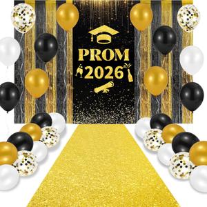Prom 2026 Party Decorations Set,15 x 2ft Glitter Carpet Runner Runway Rug Prom 2026 Door Banner Tinsel Foil Fringe Curtains Balloons for Graduation Prom Decoration