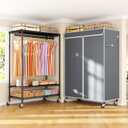 ULIFHOME P6C Plus Rolling Clothes Rack with Cover, Covered Clothing Rack Heavy Duty, Portable Closet for Hanging Clothes, Garment Rack on Wheels, Black Closet Rack with Gray Cover, Max Load 375LBS