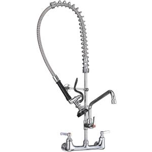 MSTJRY Commercial Sink Faucet with Pre Rinse Sprayer: 35"Height 8"Adjustable Center 12"Swivel Spout Wall Mount Pre Rinse Faucet-Perfect for 2/3 Compartment Sink (Polished Chrome,Stainless Steel&Brass)