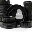 24 Piece Dinnerware Set,Bold Black Dish Set with Plates and Bowls for 8  Premium Ceramic Tableware for Hosting & Large Gatherings (Matte Reactive Dark Night)
