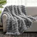 Cozy Bliss Faux Fur Throw Blanket for Couch, Fuzzy Soft Plush Thick Bubble Blanket for Sofa Bedroom Living Room, 108 * 90 Inches Light Grey