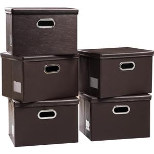 PRANDOM Large Stackable Storage Boxes with Lids [5-Pack] Leather Fabric Foldable Storage Bins Organizer Containers Baskets Cubes with Cover for Bedroom Closet Office Nursery Brown (17.7x11.8x11.8)