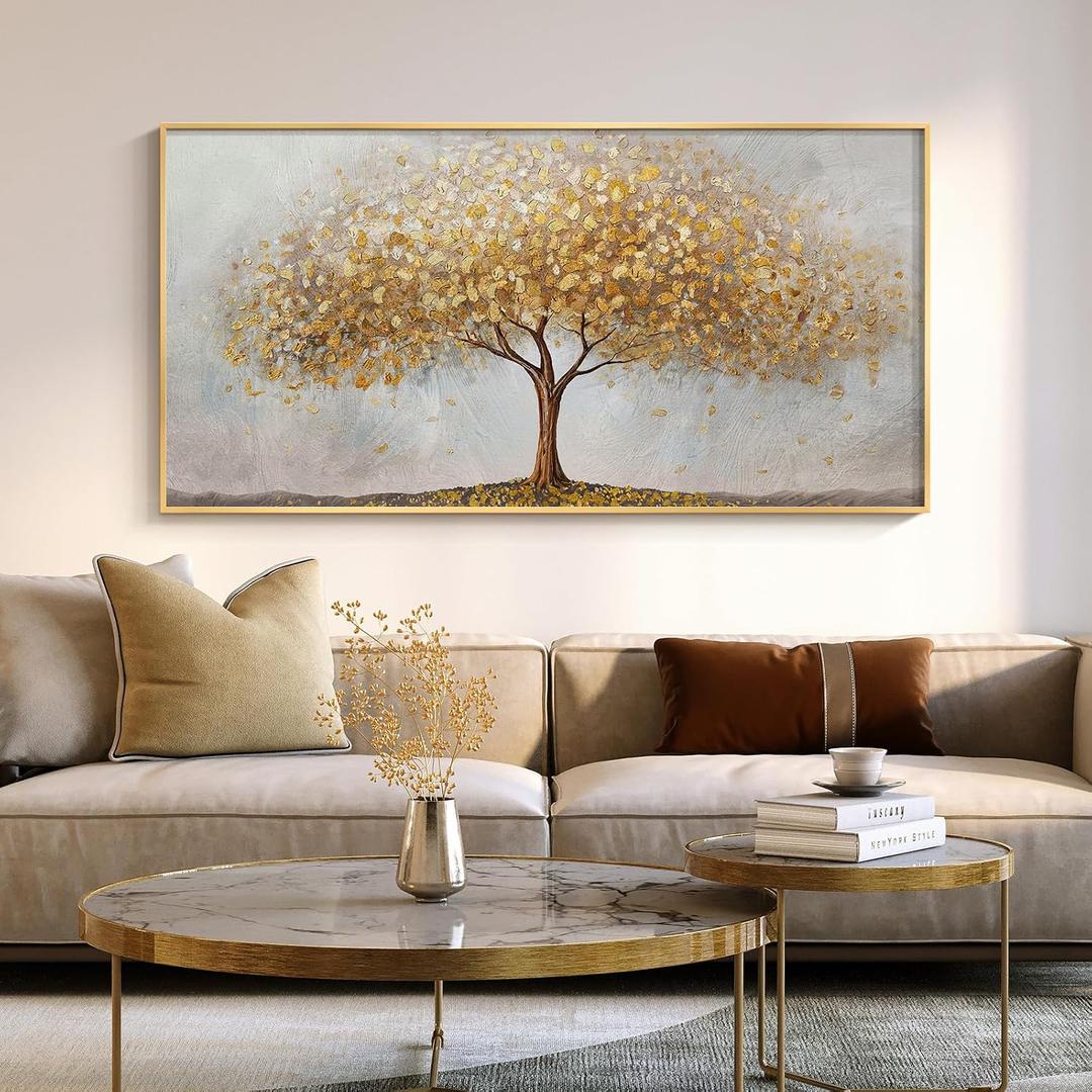 Gold Framed Tree of Life Wall Art, Large Modern Canvas Prints Paintings Artwork for Walls, Luxury Golden Big Tree Pictures for Living Room Bedroom Dining Room Fireplace Office Wall Decor, 48x24