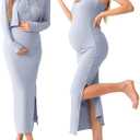 SUNNYBUY Baby Shower Maternity Tube Dress Short Cardigan Bodycon Ribbed Maxi Dress Casual 2 Piece Pregnancy Outfit Set (Medium, Light Blue)