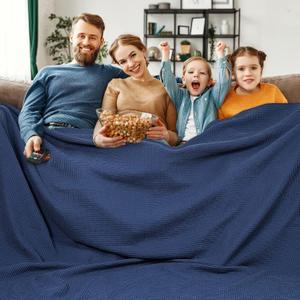 PHF Pre-Washed Cotton Waffle Weave Family Blanket,Oversized King Size 120"x 120"-Snag Proof Lightweight Breathable, 10'x 10' Huge Extra Large Big,Home Decoration Gift-Bright Navy Blue